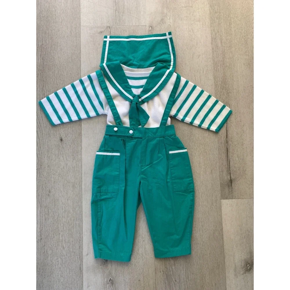 Vintage Absorba France Kids Sailor Outfit Green White Striped Top Suspenders 18M